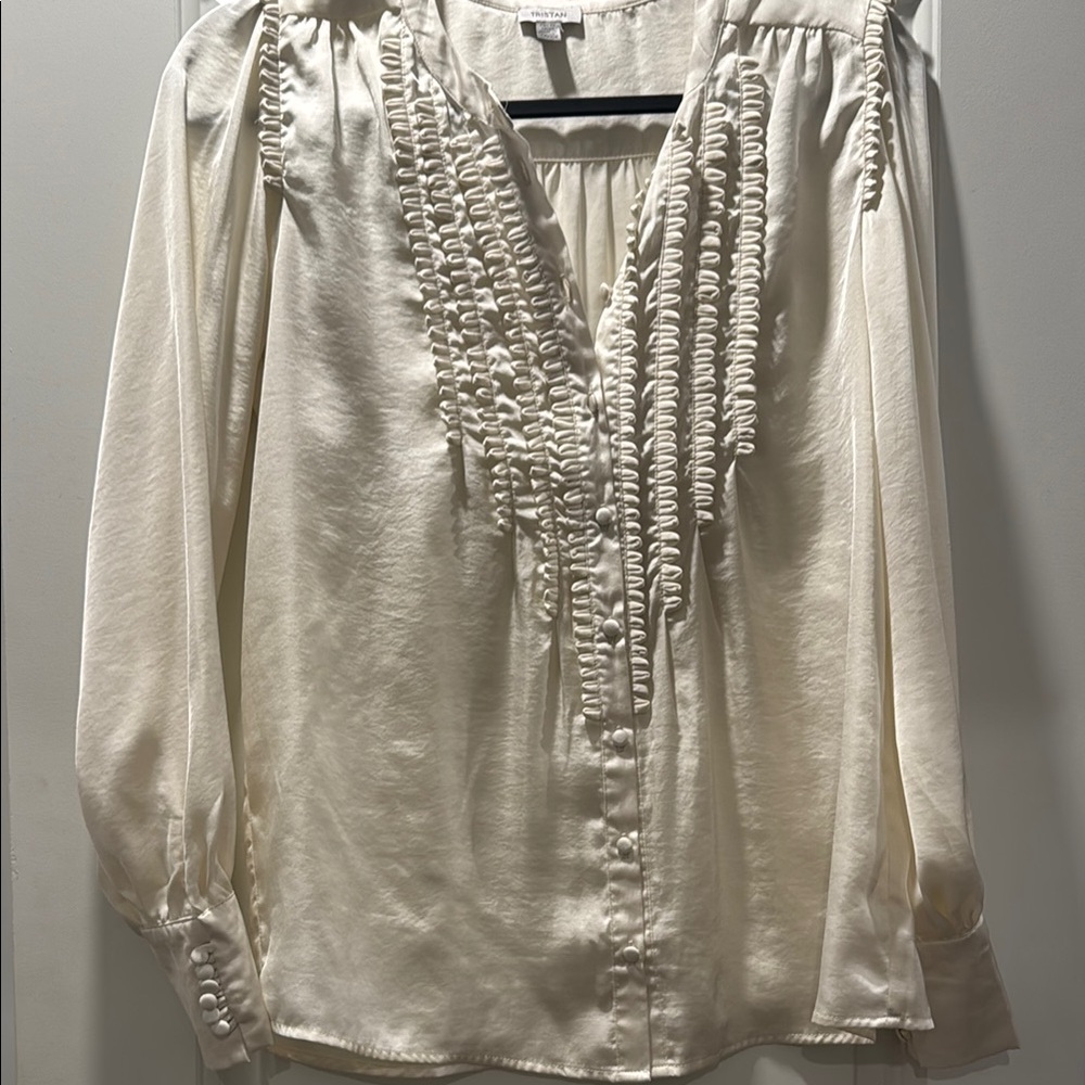 Cream Ruffled Bib Collar Blouse satin